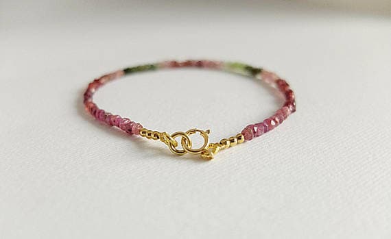 AAA++ Rare Quality Skinny Watermelon Tourmaline Bracelet,Watermelon Tourmaline Pink,Green Multicolored Ombre Gemstone Jewelry,stacking,Gold  filled bracelet 2 mm Code- TJH113