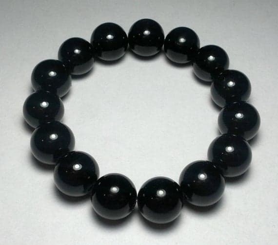 Personalized Gift 12mm Black Black Jade Stretchable Bracelet Round, Smooth 18cm for mens, womens, gf, bf and adults.