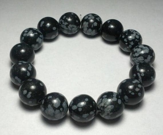 Empath Protection 12mm Black Snowflake Obsidian Stretchable Bracelet Round, Smooth 18cm for mens, womens, gf, bf and adults.