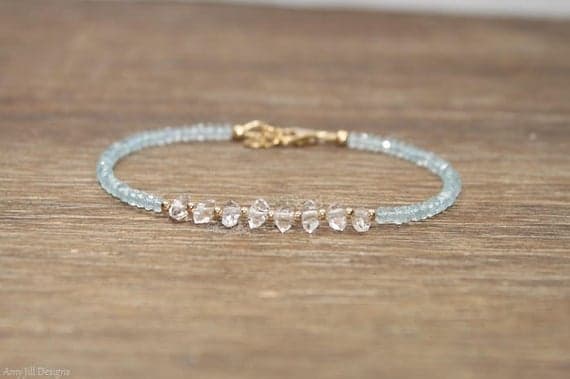 24k gold Plated Handmade Beaded Gold Helling 3-8mm stacking Aqua & White Aquamarine & Herkimer Diamond Bracelet Rondelle, Faceted 7" for mens, womens, gf, bf & Adult.