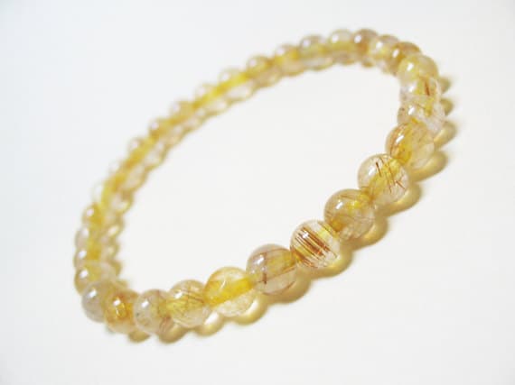 love beach youth 6mm Stretchable gold Rutilated Quartz Bracelet Round, Smooth 7" for mens, womens, GF, BF, Adults.
