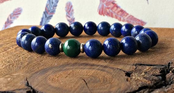 Empath Protection 8mm Stretchable Blue & Green Lapis Lazuli & Malachite  Bracelet Round, Smooth 7" for mens, womens, gf, bf & Adult.