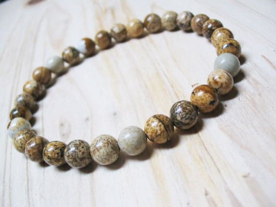 Positive Energy 6mm Stretchable brown Picture Jasper Bracelet Round, Smooth 7" for mens, womens, GF, BF, Adults.