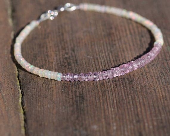 925 sterling Silver Anniversary Gift 3-3.5mm stacking Pink & White Natural Pink Sapphire and Opal  Bracelet Rondelle, Faceted & Smooth 7" for mens, womens, gf, bf & Adult.
