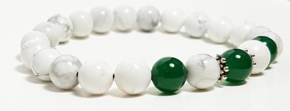 Empath Protection silver helling 8mm Stretchable white & green Howlite & Green Onyx Bracelet Round, Smooth 7" for mens, womens, GF, BF, Adults.
