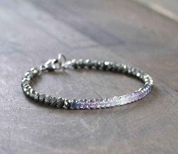 925 sterling silver Positive Energy 3.5-4mm Multi Colour Pyrite & Ombre Purple Spinel  stacking Bracelet Rondelle, Faceted 18cm for mens, womens, gf, bf and adults.