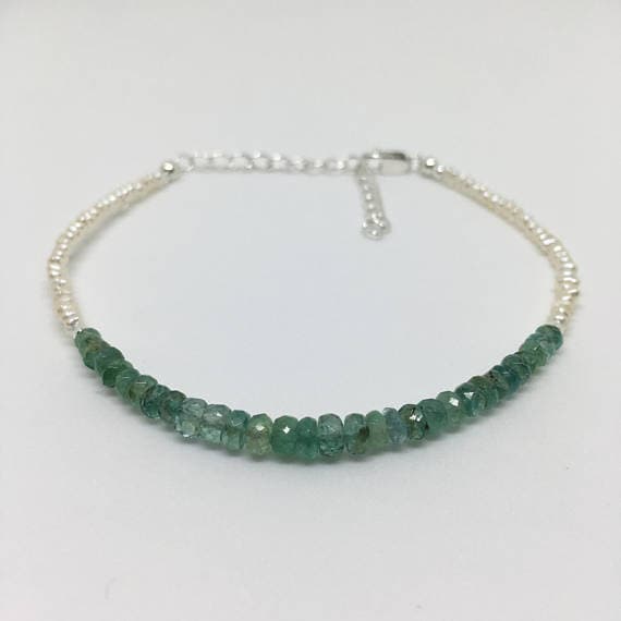 925 sterling Silver Grounding Silver Helling  2-4mm stacking Green Emerald Bracelet Rondelle, Faceted 7" for mens, womens, gf, bf & Adult.