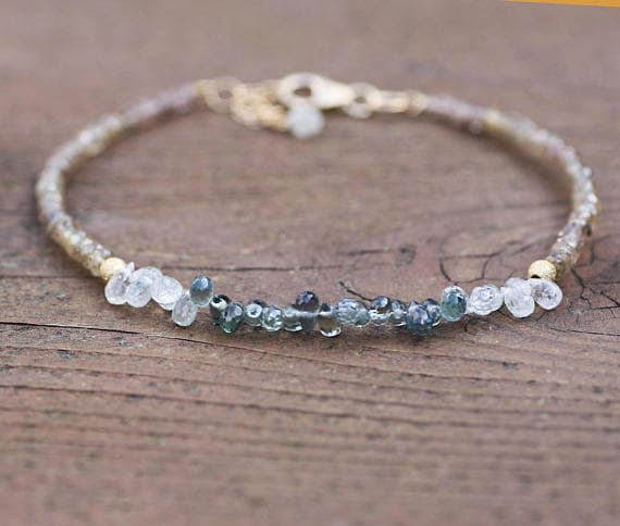 24k gold Plated Personalized Gift G Helling 2-4mm stacking Green Natural Champagne Green Sapphire Bracelet Drop & Rondelle, Faceted 7" for mens, womens, gf, bf & Adult.