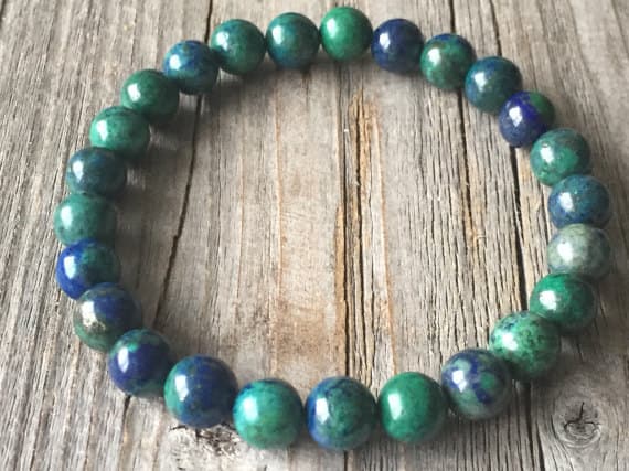 Bridesmaid Jewelry 8mm Stretchable green Azurite Bracelet Round, Smooth 7" for mens, womens, GF, BF, Adults.
