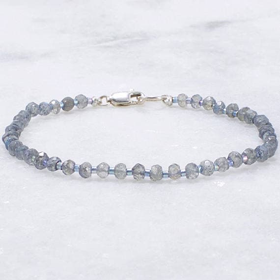 Labradorite Bracelet, Dainty Bracelet, Stacking Bracelet, Gray Beaded Bracelet, Gemstone Bracelet, Womens Gift, Gift for Her 3mm Code- WAR6542