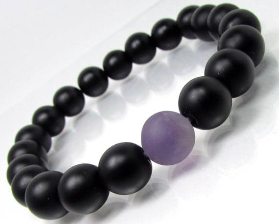 love beach youth 10mm Stretchable Black & Purple Black Onyx and Amethyst Bracelet Round, Smooth 7.5" for mens, womens.