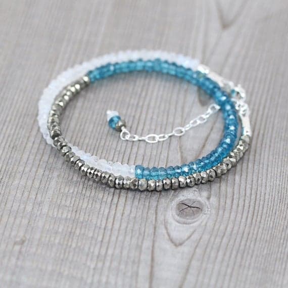 925 sterling Silver Handmade Beaded 3.5mm stacking Multi London Blue Topaz, Rainbow Moonstone & Pyrite Necklace Rondelle, Faceted 16" for mens, womens, gf, bf & Adult.