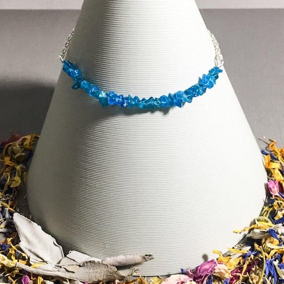 925 sterling Silver Anxiety Gemstone 4x6mm stacking Blue Apatite Bracelet Chips, Faceted 7" for mens, womens, gf, bf & Adult.