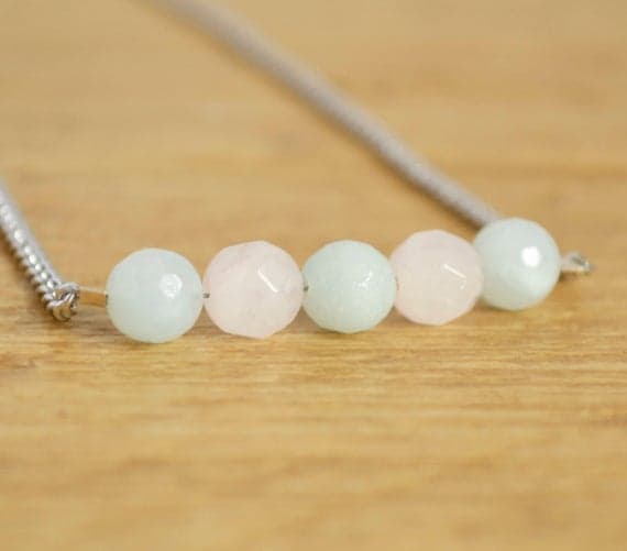 Rose Quartz Necklace - Amazonite Necklace - Pastel Gemstone Necklace - Dainty Necklace - Gemstone Bar Necklace 6mm Code- WAR6911