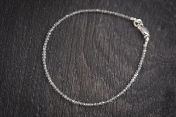 925 sterling Silver love beach youth 2.2mm stacking Gray Labradorite Bracelet Rondelle, Faceted 7" for mens, womens.