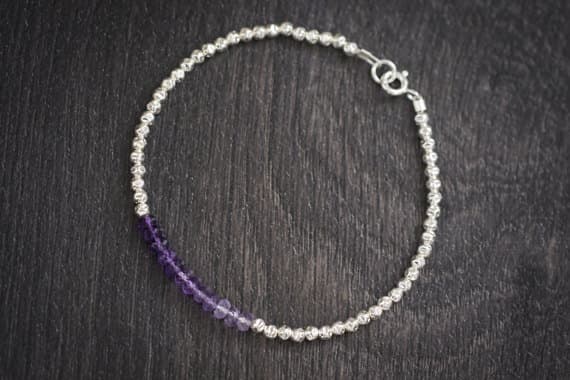 925 sterling Silver Personalized Gift 3.5mm stacking Purple Amethyst Bracelet Rondelle, Faceted 7" for mens, womens.