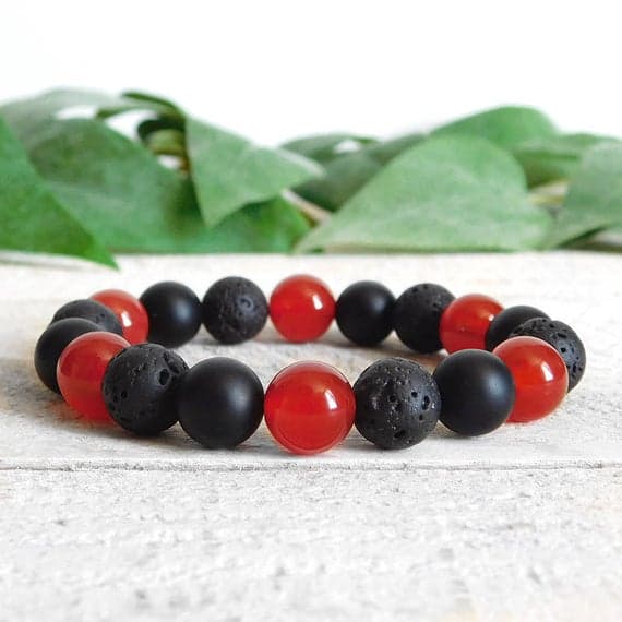 top quality 10mm Stretchable Black & Red Red Carnelian, Onyx, and Lava Rock Bracelet Round, Smooth 7.5" for mens, womens, gf, bf & Adult.