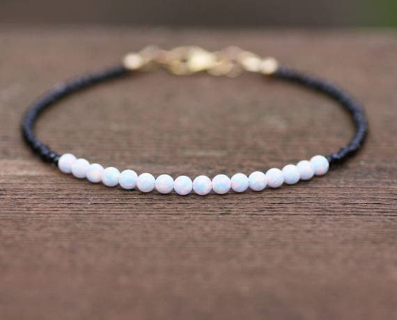 24k gold Plated memorial gift 2-3mm stacking Black & White Natural Black Spinel and White Opal Bracelet Round & Rondelle, Faceted & Smooth 7" for mens, womens, gf, bf & Adult.