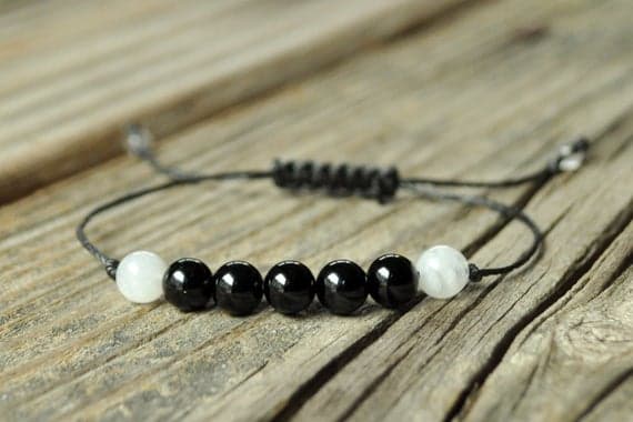 chakras simple 6mm adjustable balck & white Black Tourmaline & Moonstone Bracelet Round, Smooth 7" for mens, womens, GF, BF, Adults.