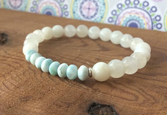 Wholesale 8mm Stretchable Blue & White Moonstone & Larimar  Bracelet Round & Rondelle, Smooth 7" for mens, womens, gf, bf & Adult.
