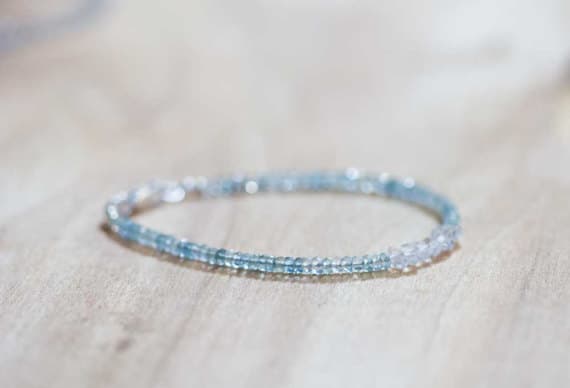 925 sterling silver Anniversary Gift 3-3.5 mm Blue Aquamarine & Herkimer Diamonds stacking Bracelet Rondelle , Faceted 18cm for mens, womens, gf, bf and adults.