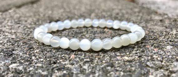 Dainty Slave Loose 6mm Stretchable White Moonstone Bracelet Round, Smooth 7" for mens, womens, gf, bf & Adult.
