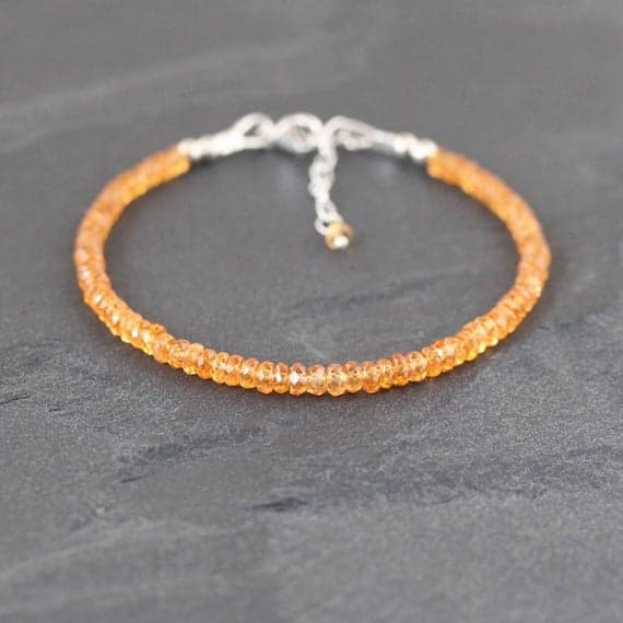 925 sterling Silver Anxiety Gemstone 2-3mm stacking Orange Orange Hessonite Garnet Bracelet Rondelle, Faceted 7" for mens, womens, gf, bf & Adult.