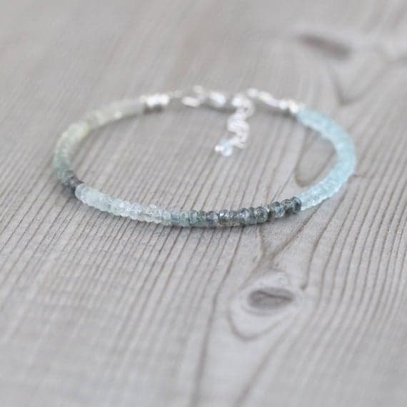 925 sterling Silver Handmade Beaded 3mm stacking Multi Moss Aquamarine Bracelet Rondelle, Faceted 7" for mens, womens, gf, bf & Adult.