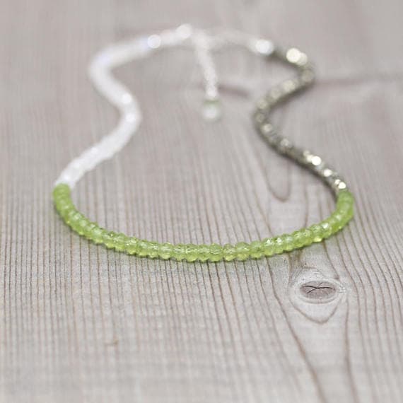 925 sterling Silver love beach youth 3.5mm stacking Multi Rainbow Moonstone, Peridot & Pyrite Necklace Rondelle, Faceted 16" for mens, womens, gf, bf & Adult.