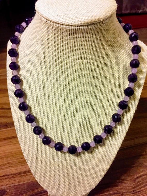 925 sterling Silver Galaxy Jewelry 3-6mm stacking Purple & White Amethyst & Lavender Necklace Round, Faceted & Smooth 17" for mens, womens, gf, bf & Adult.