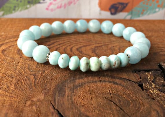 Unique Wedding Gift 6mm Stretchable Blue Aquamarine & Larimar  Bracelet Round & Rondelle, Smooth 7" for mens, womens, gf, bf & Adult.