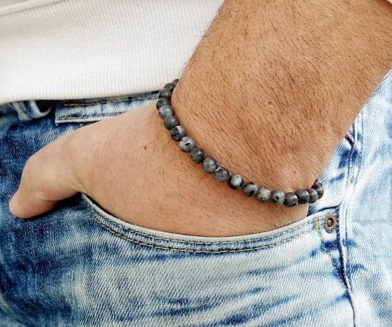 Anxiety Gemstone 8mm Gray LABRADORITE Stretchable Bracelet Round, Smooth 18cm for mens, womens, gf, bf and adults.