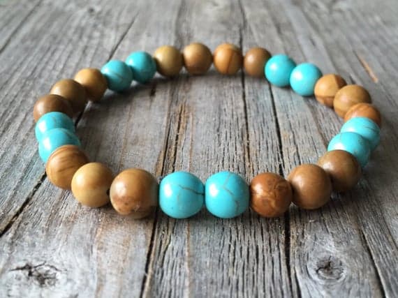 Anxiety Gemstone 8mm Stretchable brown & Blue brown jasper & Tourquise Bracelet Round, Smooth 7" for mens, womens, GF, BF, Adults.