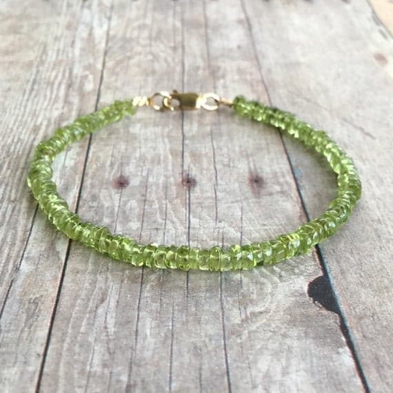 24k gold Grounding 4mm Green Green Peridot stacking Bracelet Rondelle, Faceted 18cm for mens, womens, gf, bf and adults.