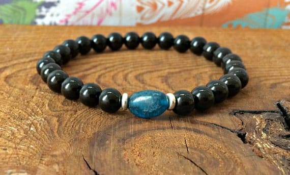 Dainty Slave Loose 6mm Stretchable black & Blue Black Tourmaline & Blue Kyanite  Bracelet Round , Smooth 7" for mens, womens, gf, bf & Adult.