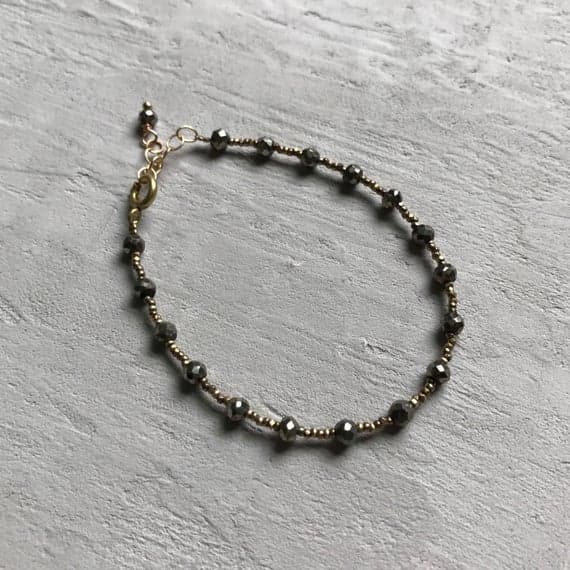 24k gold Plated Jewelry Energy 3-4mm stacking Black pyrite Bracelet Rondelle, Faceted 7" for mens, womens, gf, bf & Adult.