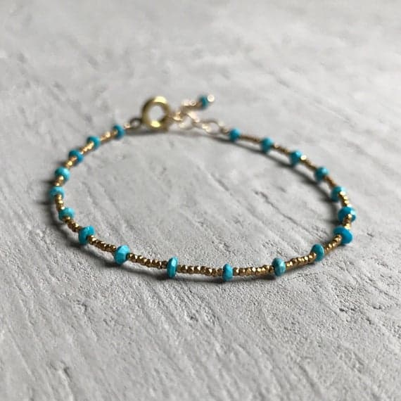 24k gold Plated Bridesmaid Jewelry 3mm stacking Blue turquoise Bracelet Rondelle, Faceted 7" for mens, womens, gf, bf & Adult.
