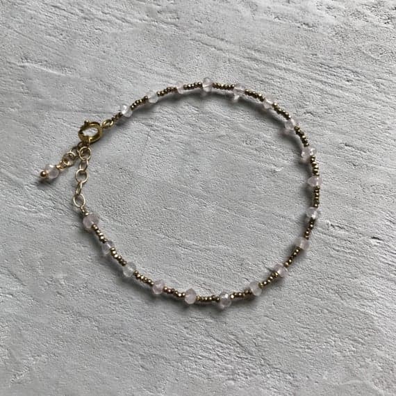 24k gold Plated Personalized Gift Gold Helling 3-4mm stacking Pink rose quartz Bracelet Rondelle, Faceted 7" for mens, womens, gf, bf & Adult.