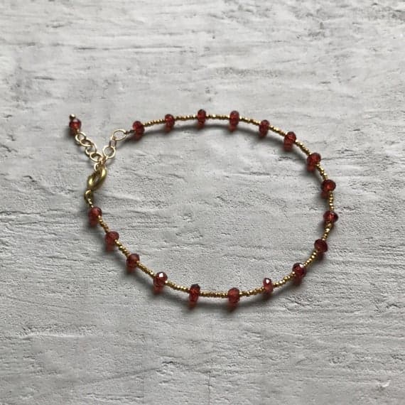 24k gold Plated Dainty Slave Loose Gold Helling  3-4mm stacking Red mozambique garnet Bracelet Rondelle, Faceted 7" for mens, womens, gf, bf & Adult.
