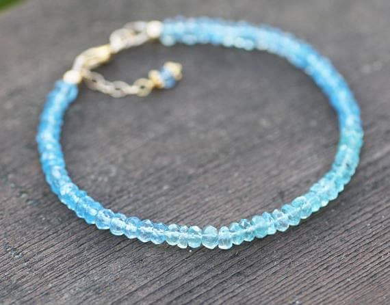 24k gold Plated Bridesmaid Jewelry 4mm stacking Blue Natural Swiss Blue Topaz and Green Apatite Bracelet Rondelle, Faceted 7" for mens, womens, gf, bf & Adult.