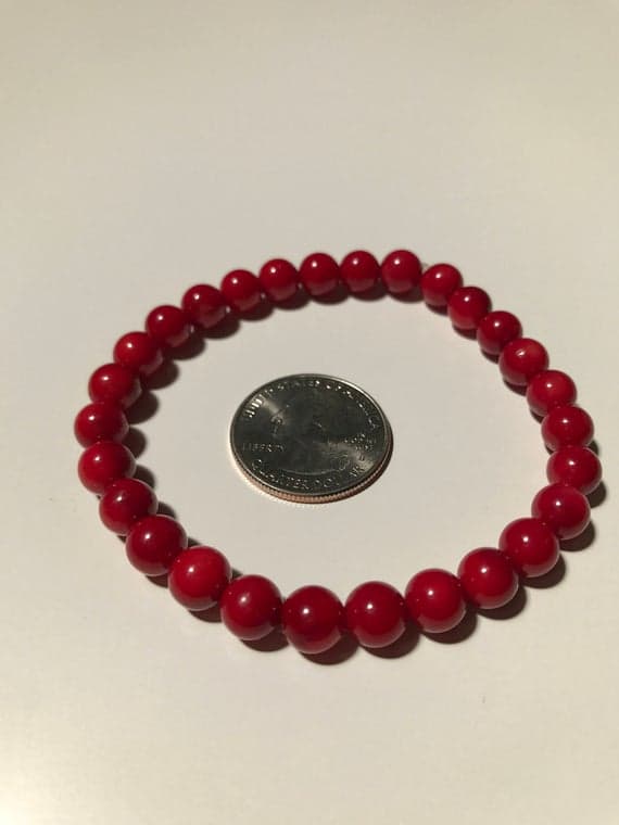 Unique Wedding Gift 8mm Stretchable Red Red Coral  Bracelet Round, Smooth 7" for mens, womens, gf, bf & Adult.