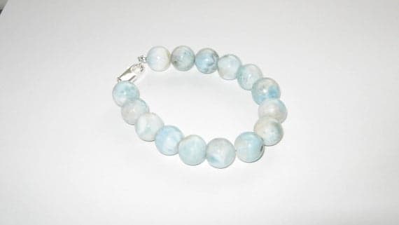 925 sterling Silver good luck gift 12mm stacking Sky Blue Larimar Bracelet Round, Smooth 7.5" for mens, womens, gf, bf & Adult.