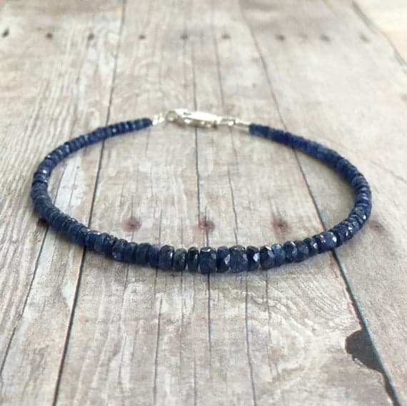 925 sterling silver Artisan Loose 2-4mm Blue Genuine Sapphire stacking Bracelet Rondelle, Faceted 18cm for mens, womens, gf, bf and adults.