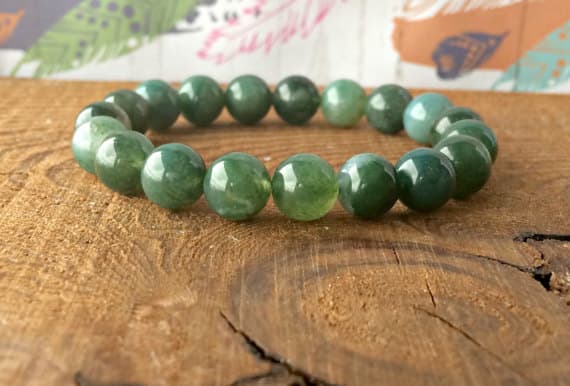 Artisan Loose 8mm Stretchable Green Green Moss Agate  Bracelet Round, Smooth 7" for mens, womens, gf, bf & Adult.