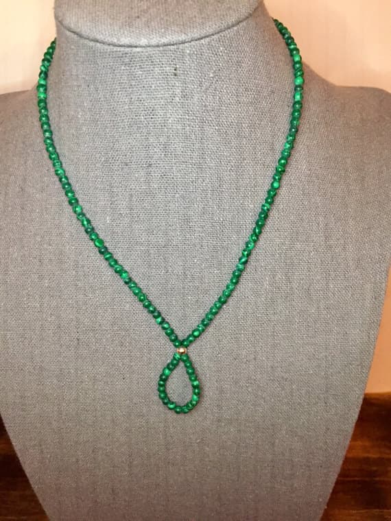 24k gold Plated Natural 3mm stacking Green Malachite Necklace Round, Smooth 16" for mens, womens, gf, bf & Adult.
