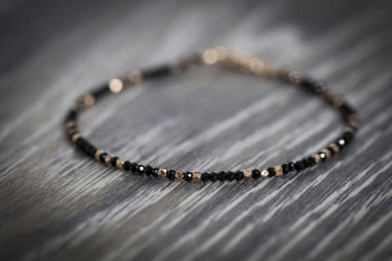 24k gold Plated Unique Wedding Gift 2.5mm stacking Black Black Spinel  Bracelet Round, Smooth 7" for mens, womens.