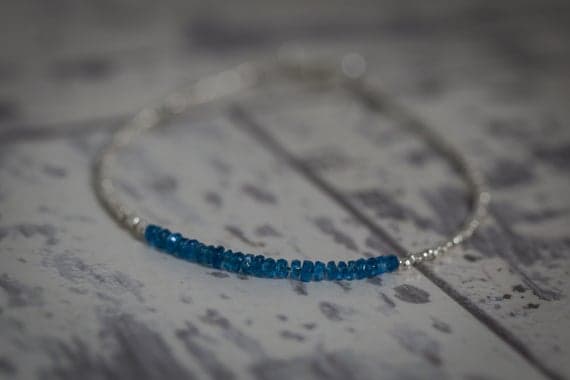 925 sterling Silver Handmade Beaded  Silver Helling 2-3mm stacking Blue NEON APATITE Bracelet Rondelle, Faceted 7" for mens, womens.