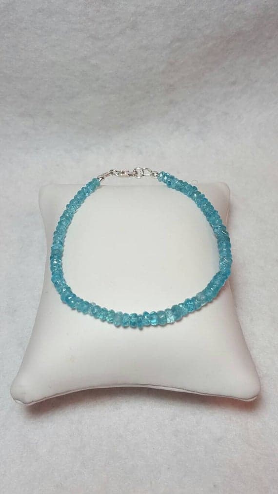 925 sterling Silver Blush Jewelry 3-6mm stacking Sky Blue Sky Blue Apatite  Bracelet Rondelle, Faceted 7" for mens, womens, gf, bf & Adult.