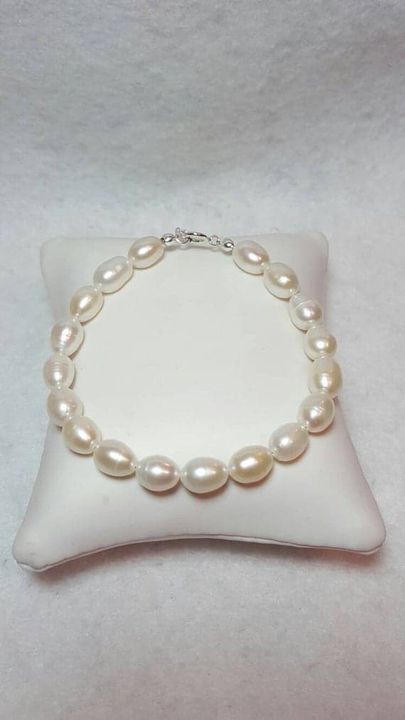 925 sterling Silver Handmade Beaded 8-10mm stacking White Pearl Bracelet Oval, Smooth 7" for mens, womens, gf, bf & Adult.