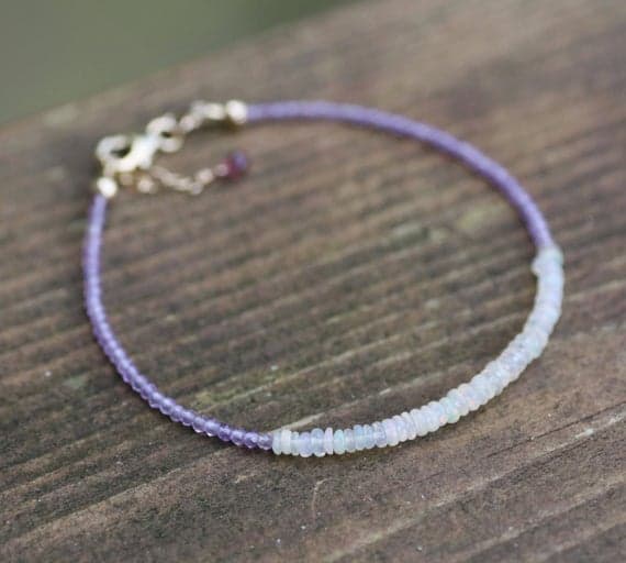 925 sterling Silver Dainty Slave Loose 2.5-3mm stacking Multi Natural Ethiopian Welo Opal and Amethyst Bracelet Round & Rondelle, Faceted & Smooth 7" for mens, womens, gf, bf & Adult.